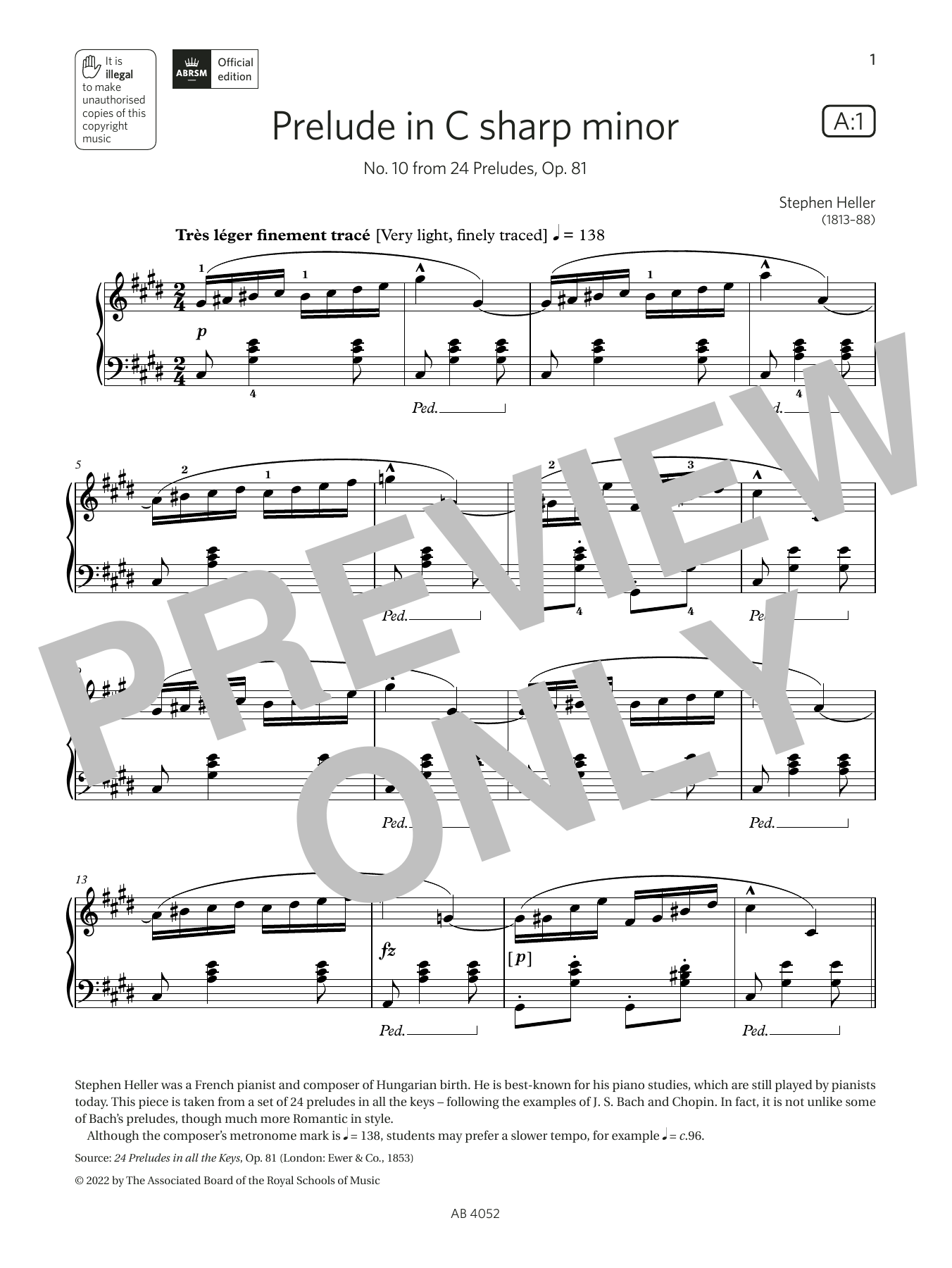 Download Stephen Heller Prelude in C sharp minor (Grade 6, list Sheet Music