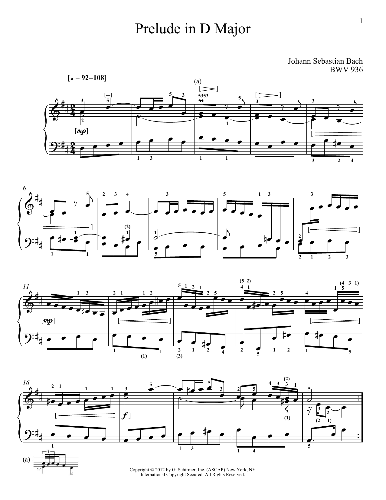 Download J.S. Bach Prelude In D Major, BMV 936 Sheet Music