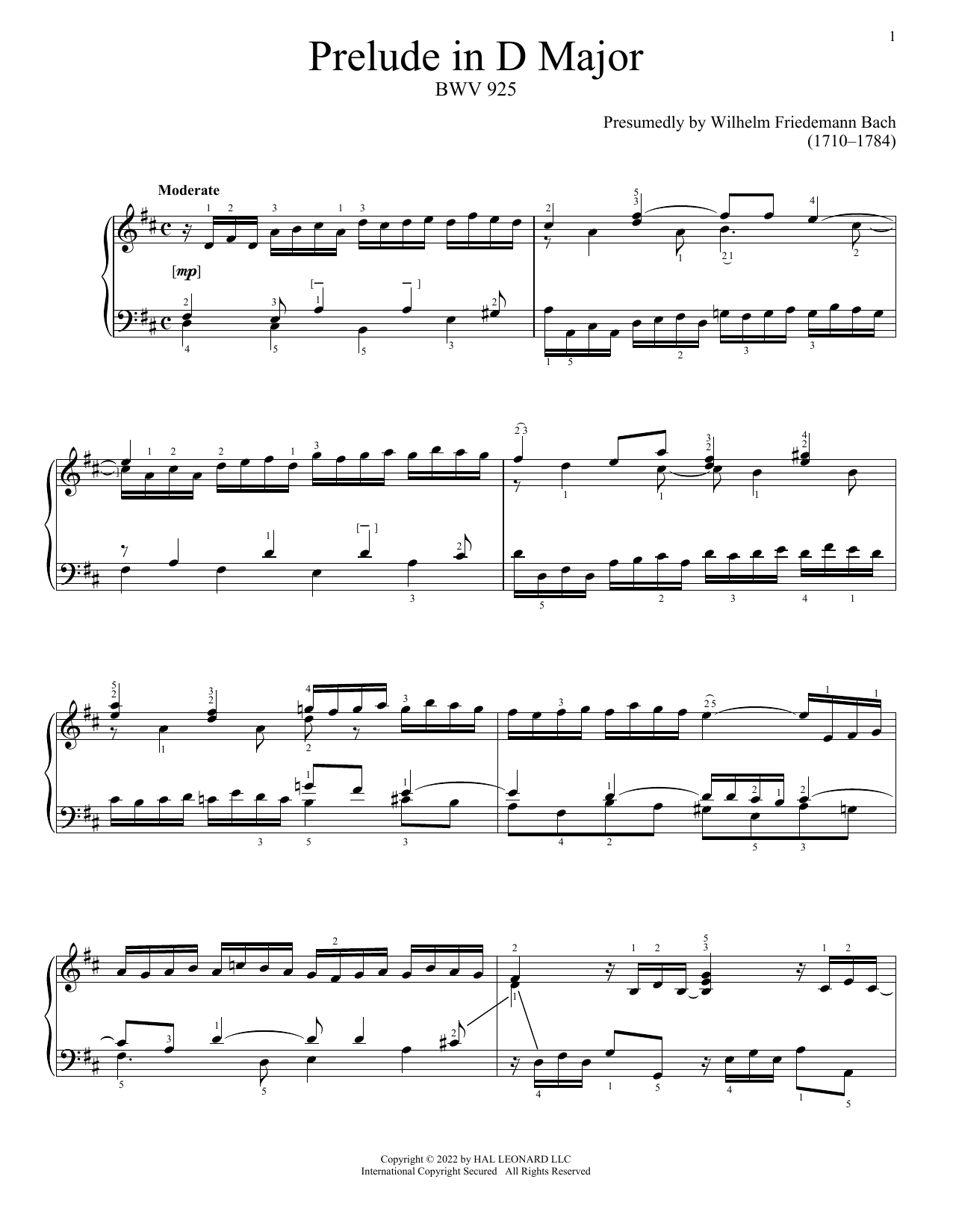Download Johann Sebastian Bach Prelude In D Major, BWV 925 Sheet Music