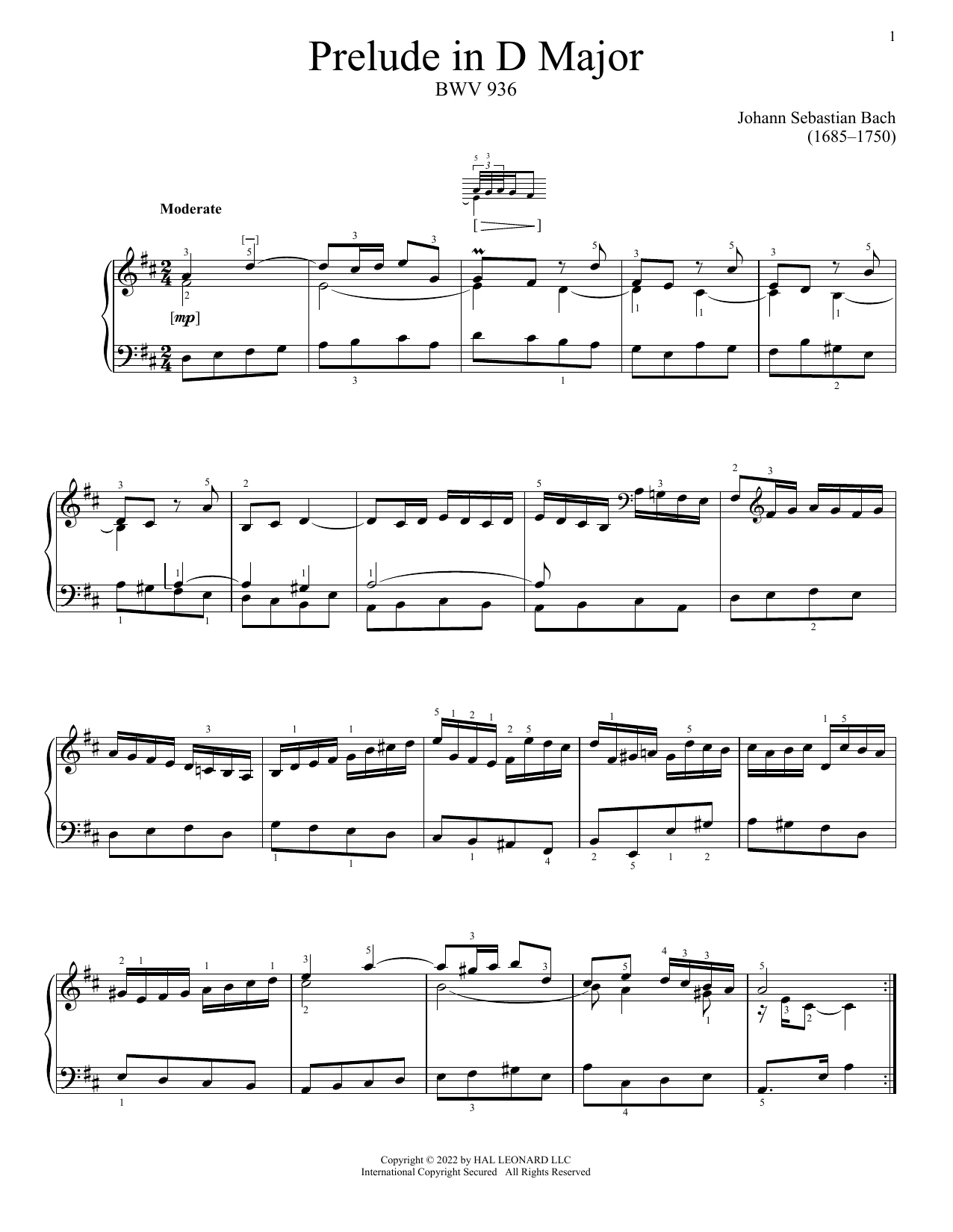 Download Johann Sebastian Bach Prelude In D Major, BWV 936 Sheet Music