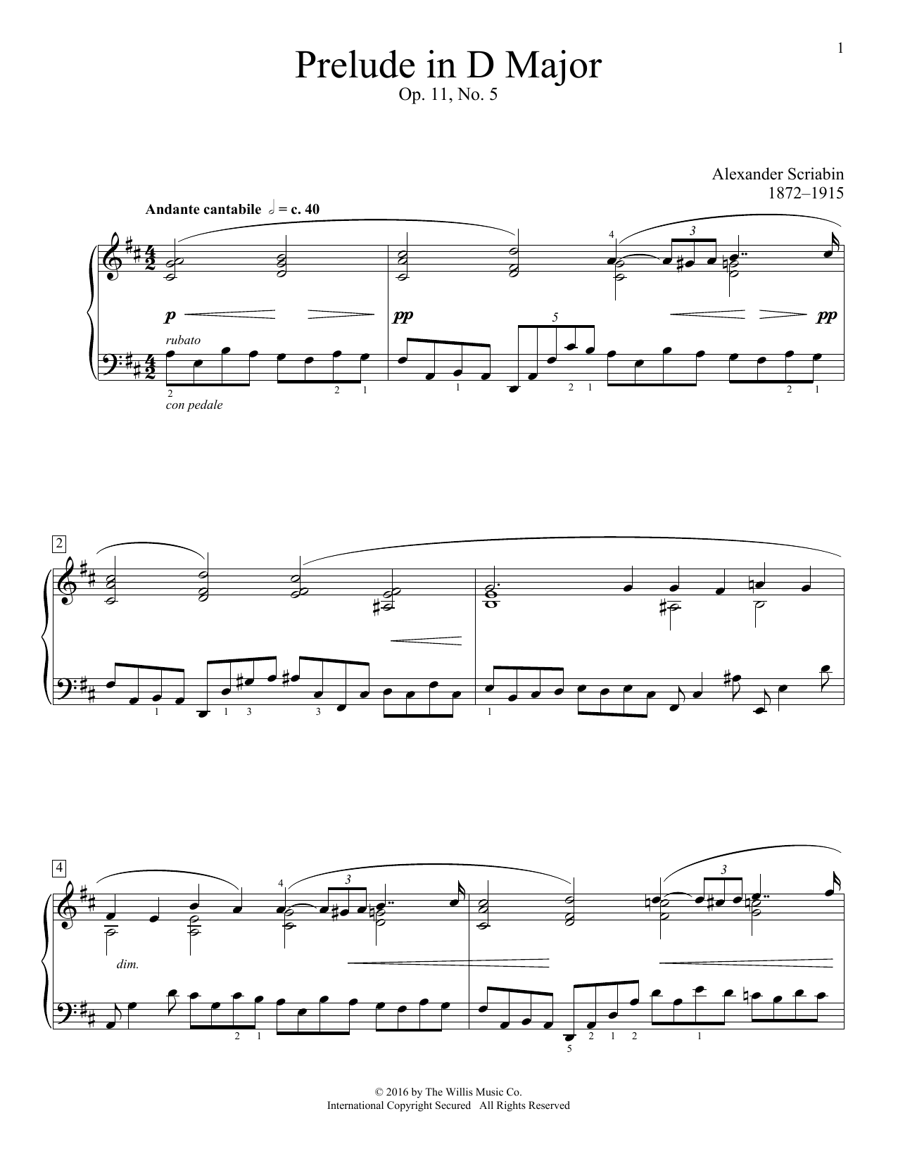 Download Alexander Scriabin Prelude In D Major, Op. 11, No. 5 Sheet Music
