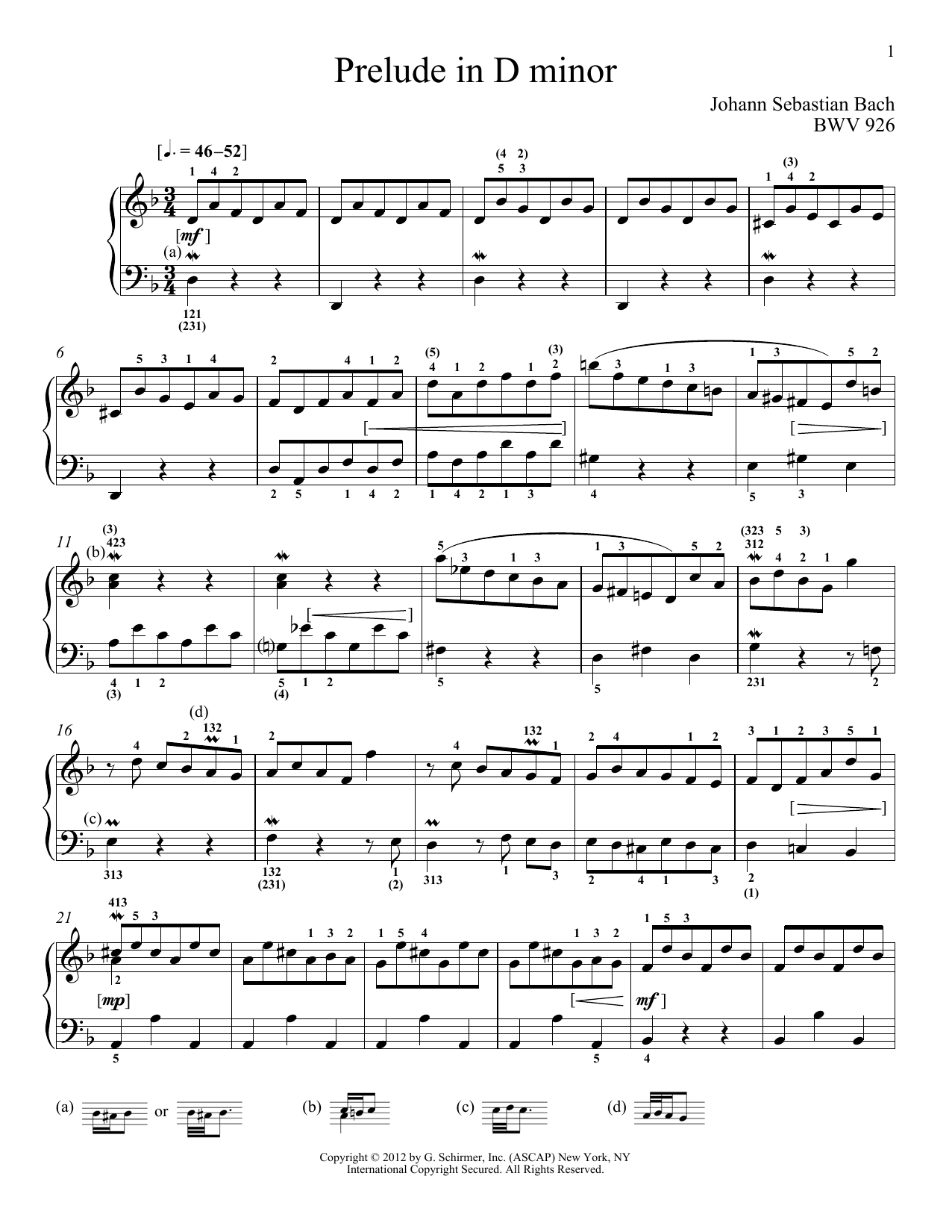 Download J.S. Bach Prelude In D Minor, BMV 926 Sheet Music