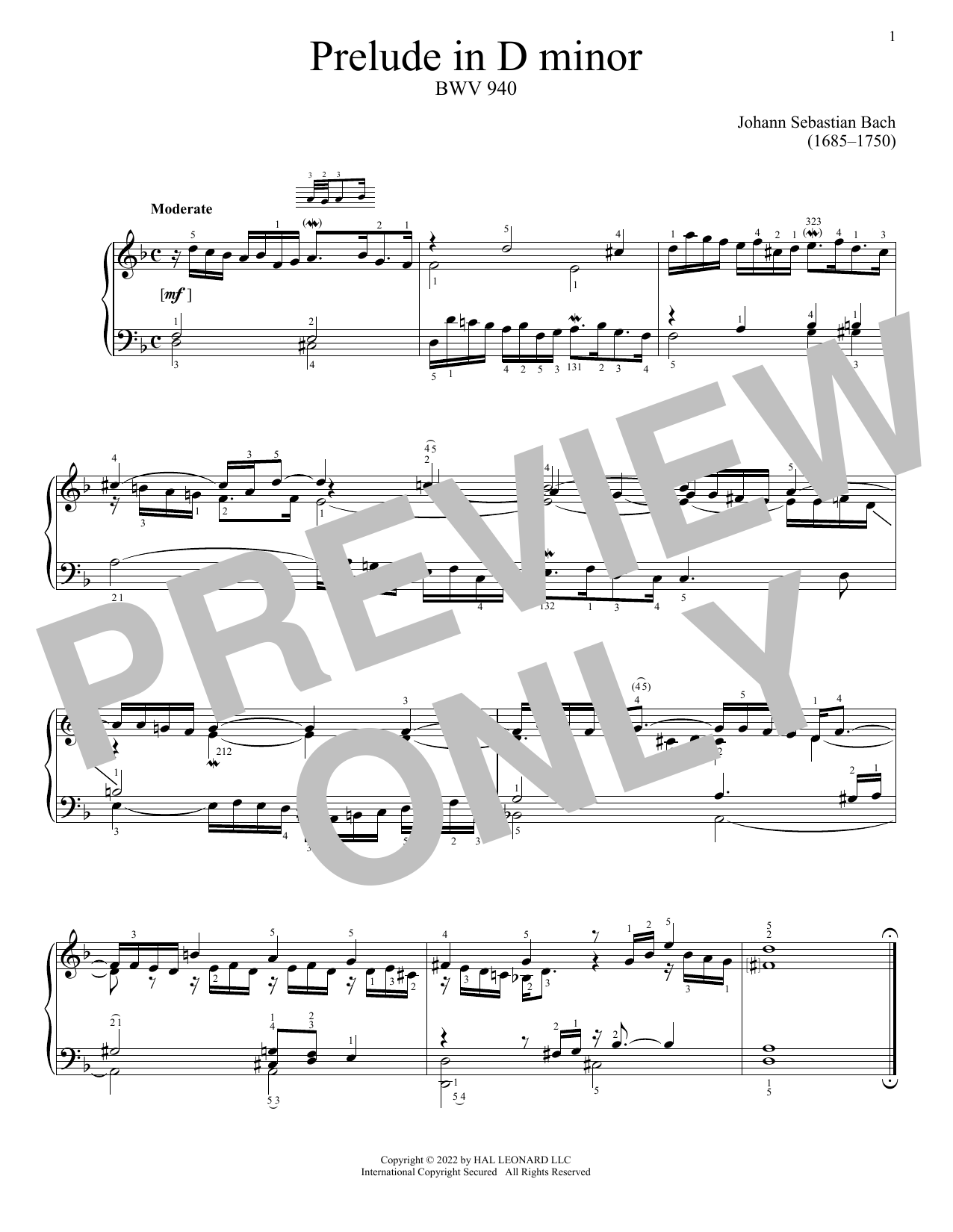 Download Johann Sebastian Bach Prelude In D Minor, BWV 940 Sheet Music