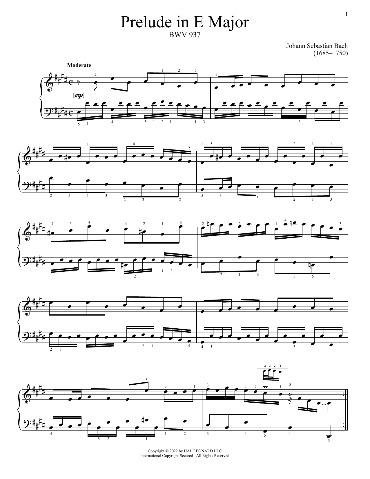 Download Johann Sebastian Bach Prelude In E Major, BWV 937 Sheet Music