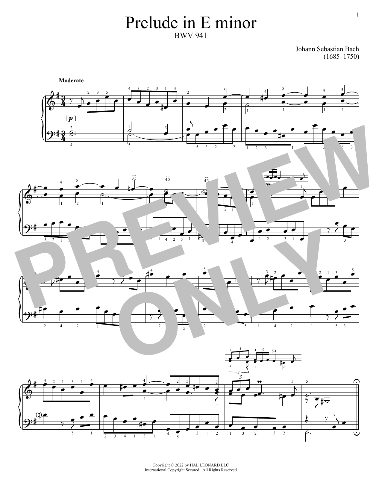 Download Johann Sebastian Bach Prelude In E Minor, BWV 941 Sheet Music