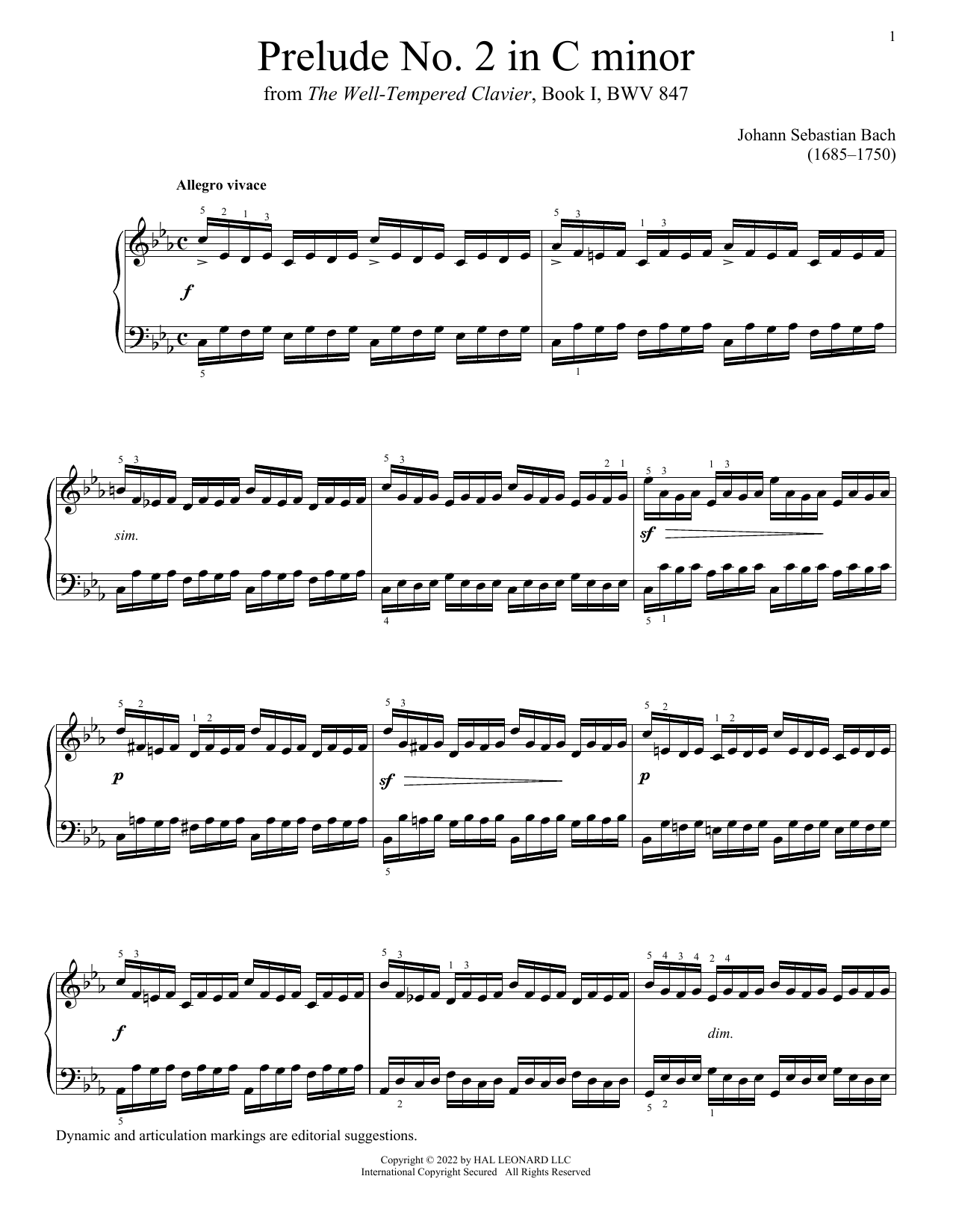 Download Johann Sebastian Bach Prelude No. 2 In C Minor, BWV 847 Sheet Music