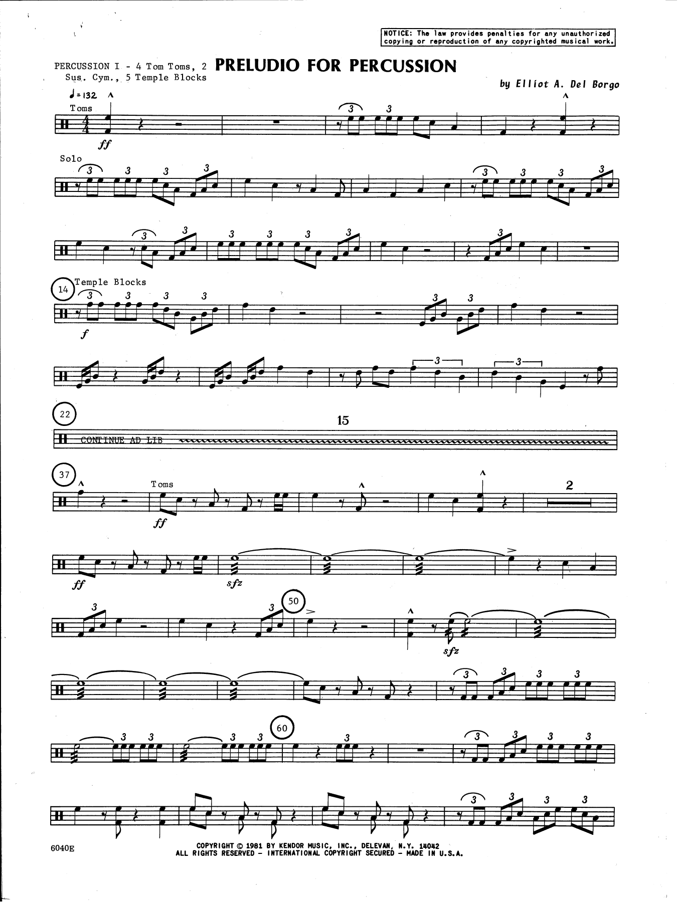 Download Elliot A. Del Borgo Preludio For Percussion - Percussion 1 Sheet Music