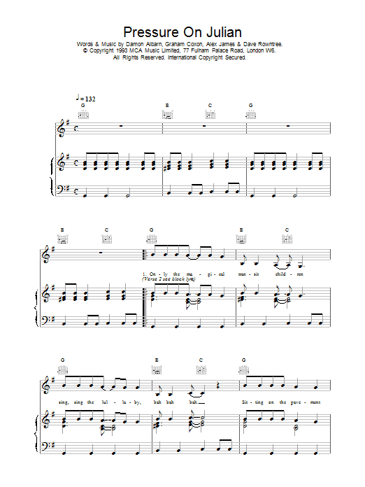 Blur Pressure On Julian sheet music notes printable PDF score