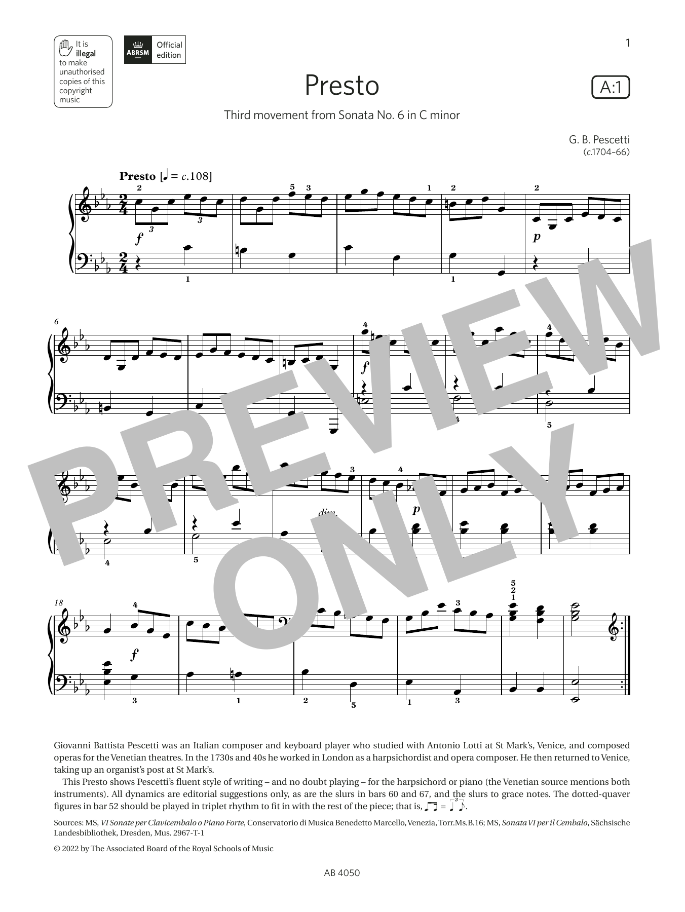 Download G B Pescetti Presto (Grade 4, list A1, from the ABRS Sheet Music