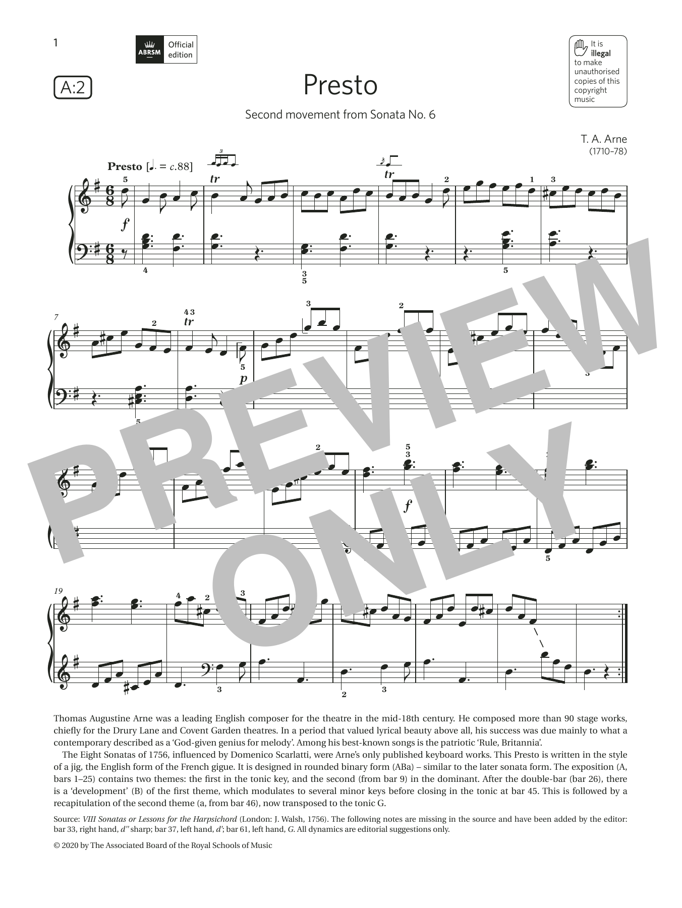 Download T. A. Arne Presto (Grade 5, list A2, from the ABRS Sheet Music
