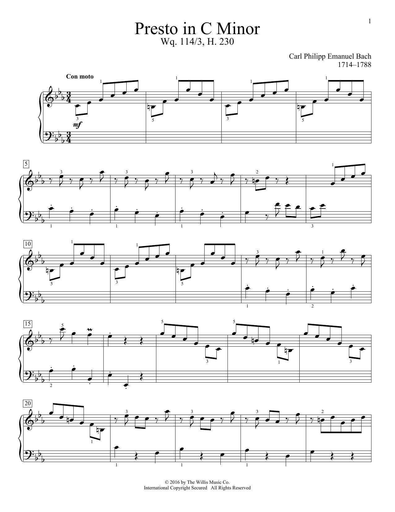 Download Carl Philipp Emanuel Bach Presto In C Minor, Wq. 114/3, H. 230 Sheet Music