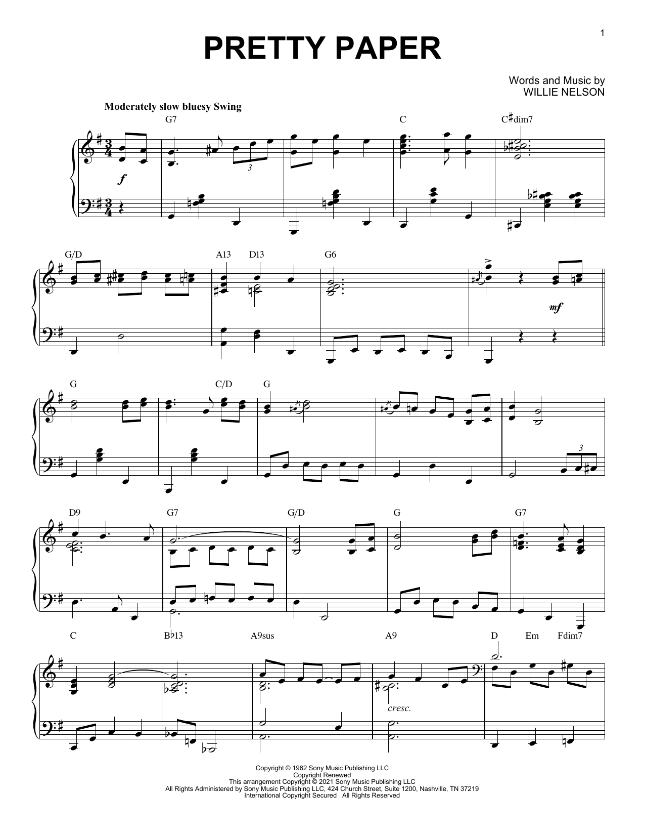 Download Willie Nelson Pretty Paper [Jazz version] (arr. Brent Sheet Music