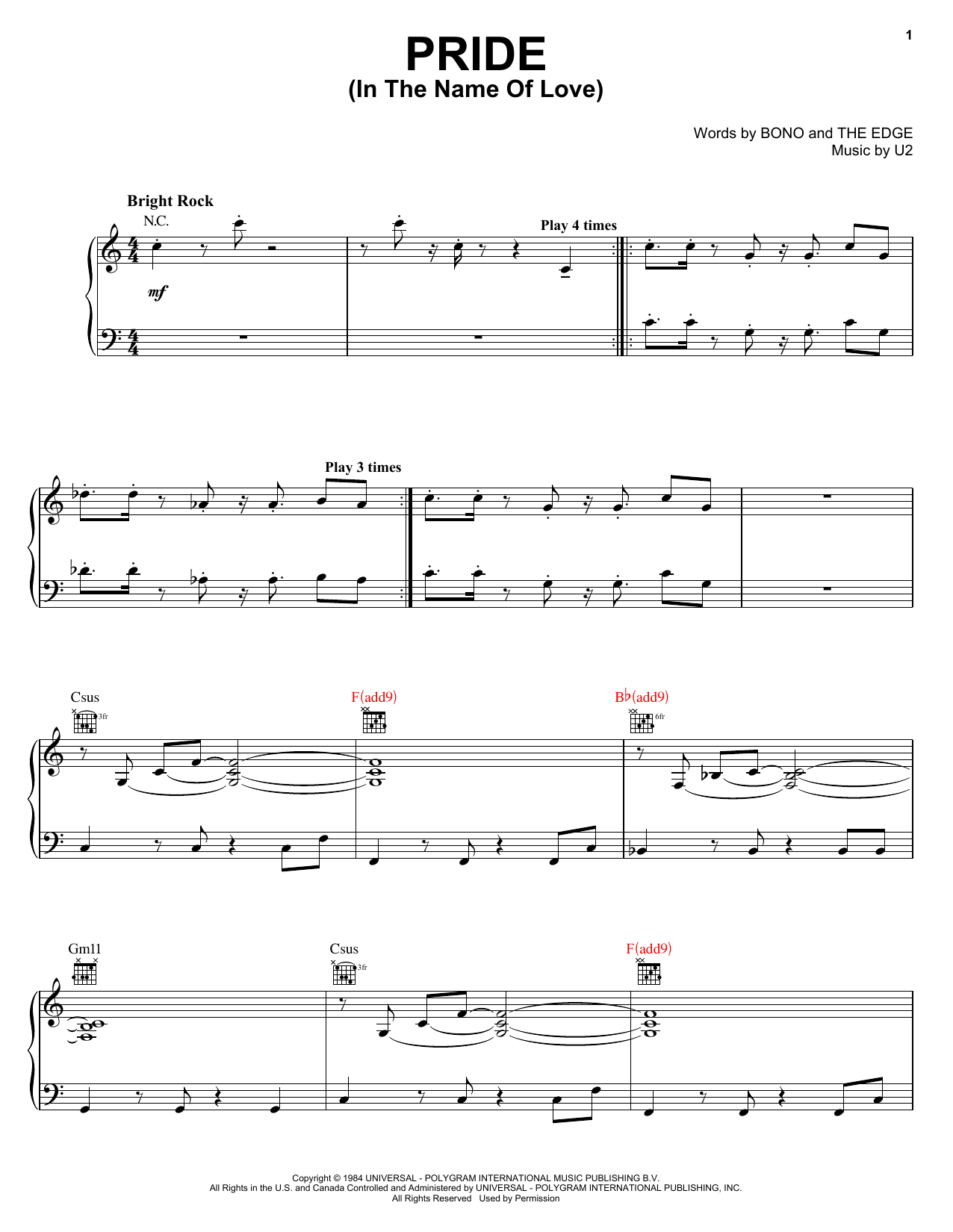 Download U2 Pride (In The Name Of Love) Sheet Music
