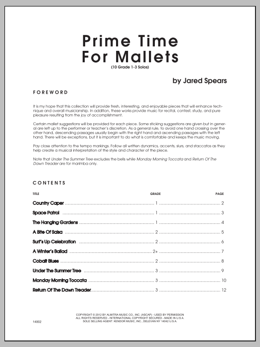 Download Spears Prime Time For Mallets (10 Grade 1-3 So Sheet Music