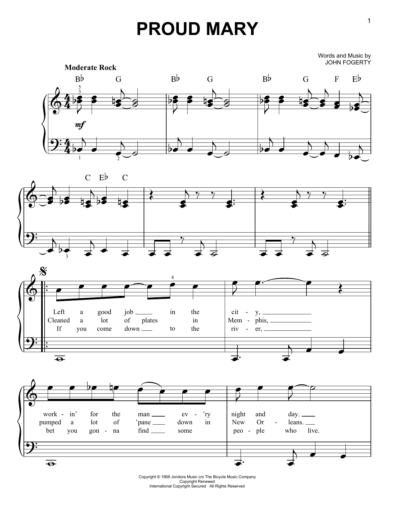 Download Creedence Clearwater Revival Proud Mary Sheet Music