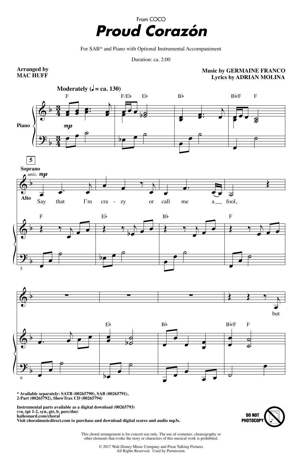 Download Germaine Franco & Adrian Molina Proud Corazon (from Coco) (arr. Mac Huf Sheet Music