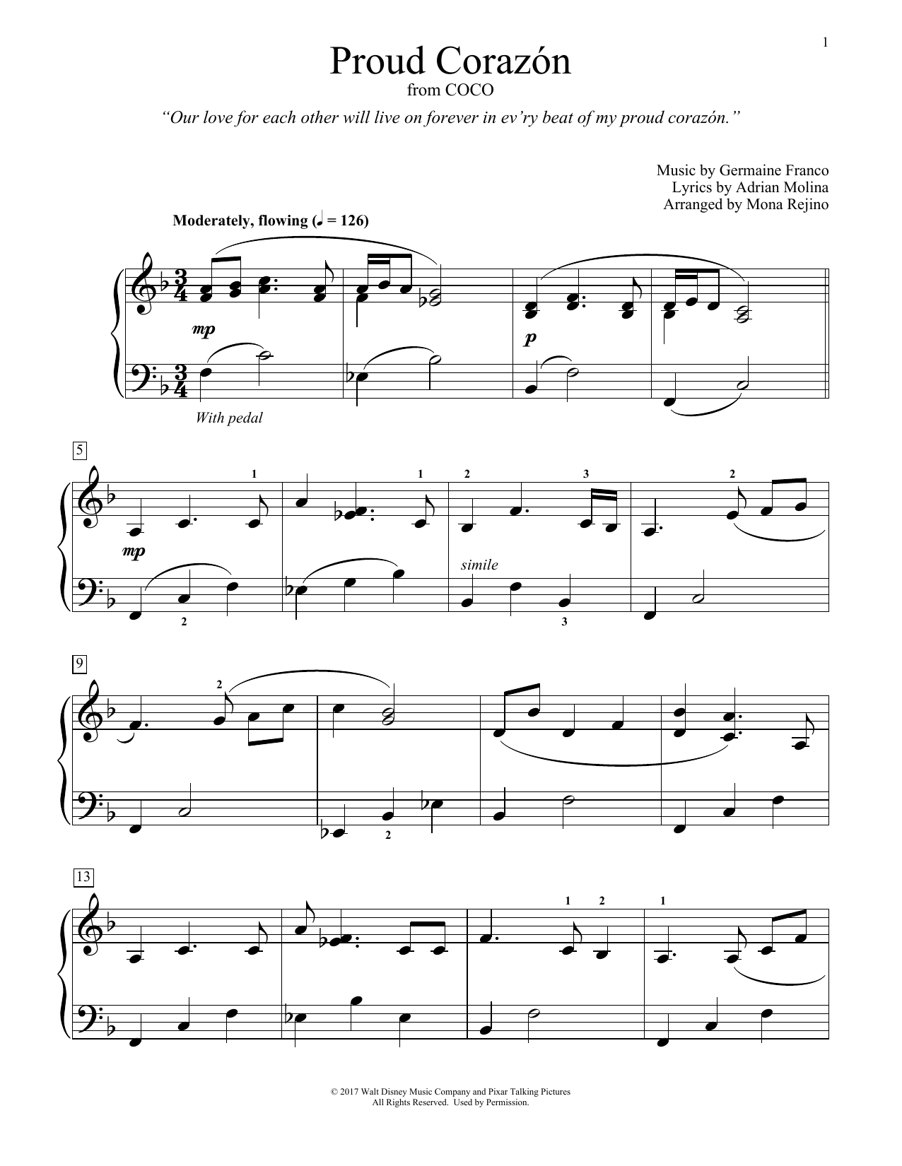 Download Germaine Franco & Adrian Molina Proud Corazon (from Coco) (arr. Mona Re Sheet Music
