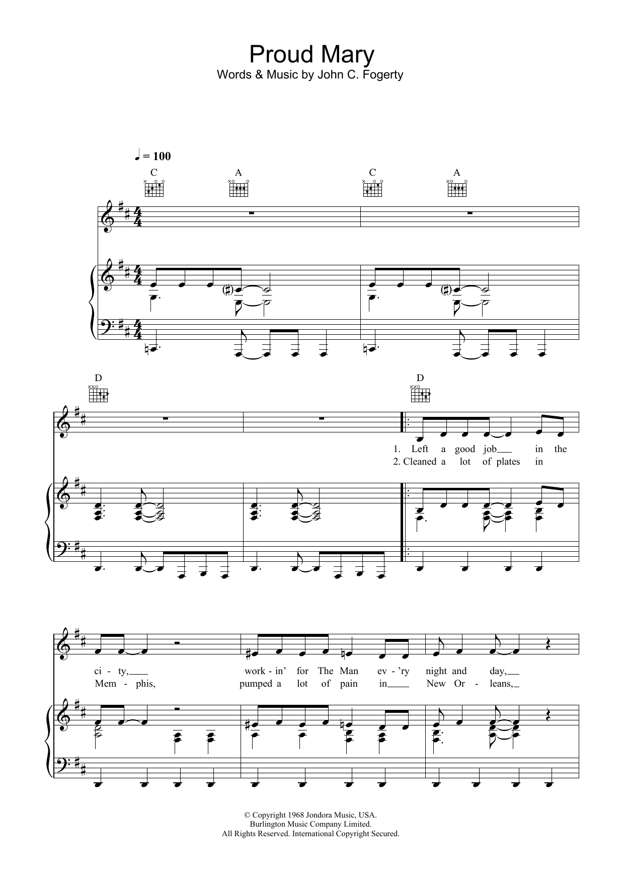 Creedence Clearwater Revival Proud Mary sheet music notes printable PDF score