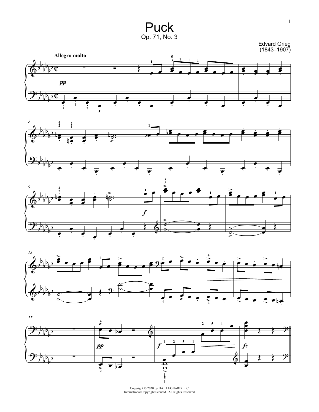 Download Edvard Grieg Puck, Op. 71, No. 3 Sheet Music