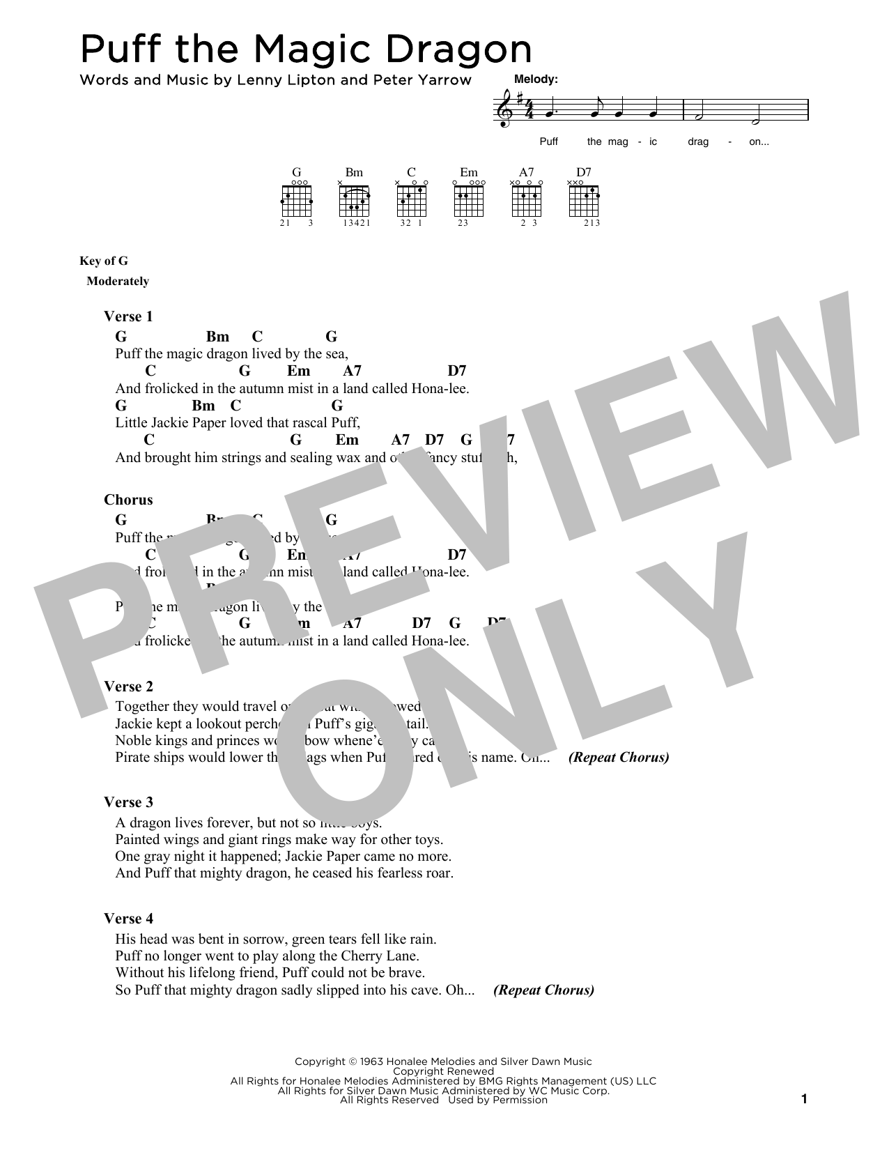Peter, Paul & Mary Puff The Magic Dragon sheet music notes printable PDF score