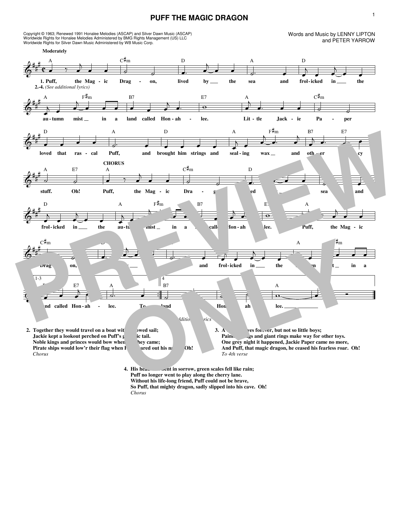 Download Peter, Paul & Mary Puff The Magic Dragon Sheet Music