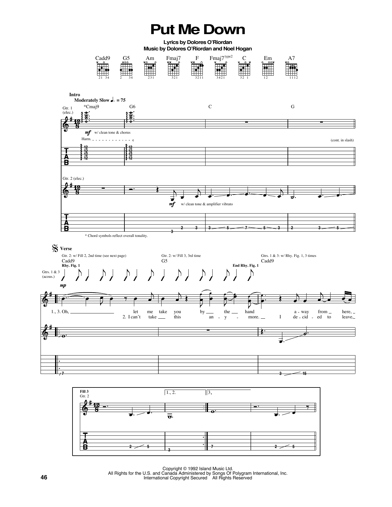 Download The Cranberries Put Me Down Sheet Music