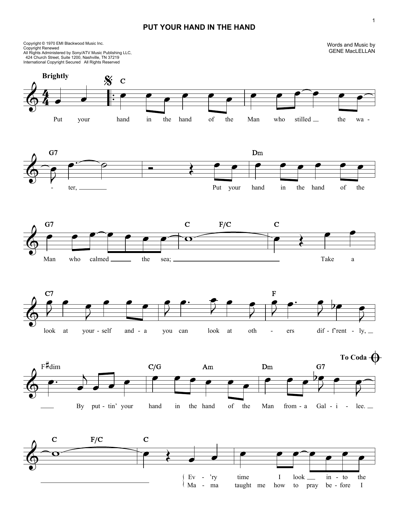 Download Ocean Put Your Hand In The Hand Sheet Music