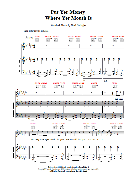 Oasis Put Yer Money Where Yer Mouth Is sheet music notes printable PDF score