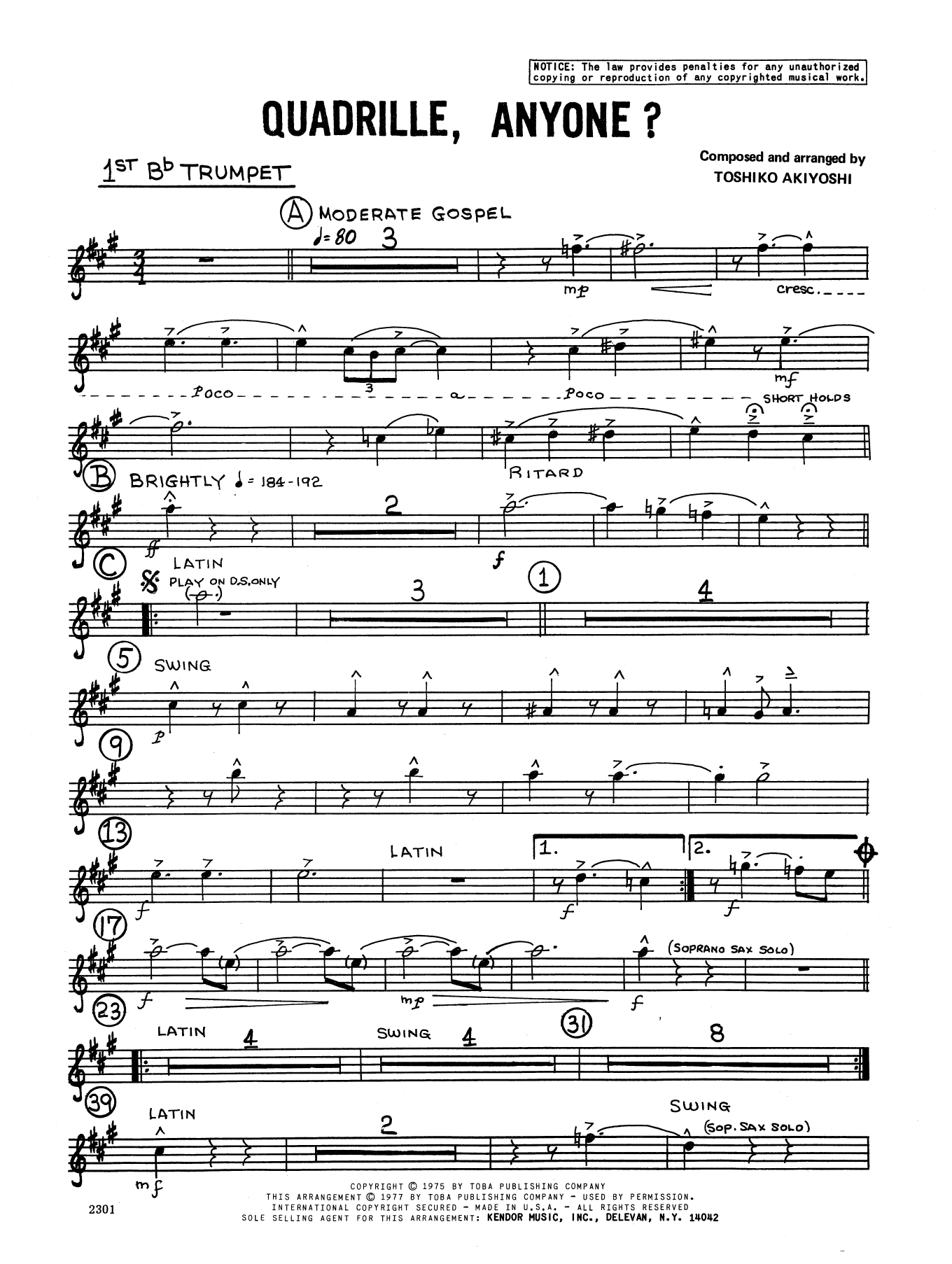 Download Toshiko Akiyoshi Quadrille, Anyone? - 1st Bb Trumpet Sheet Music