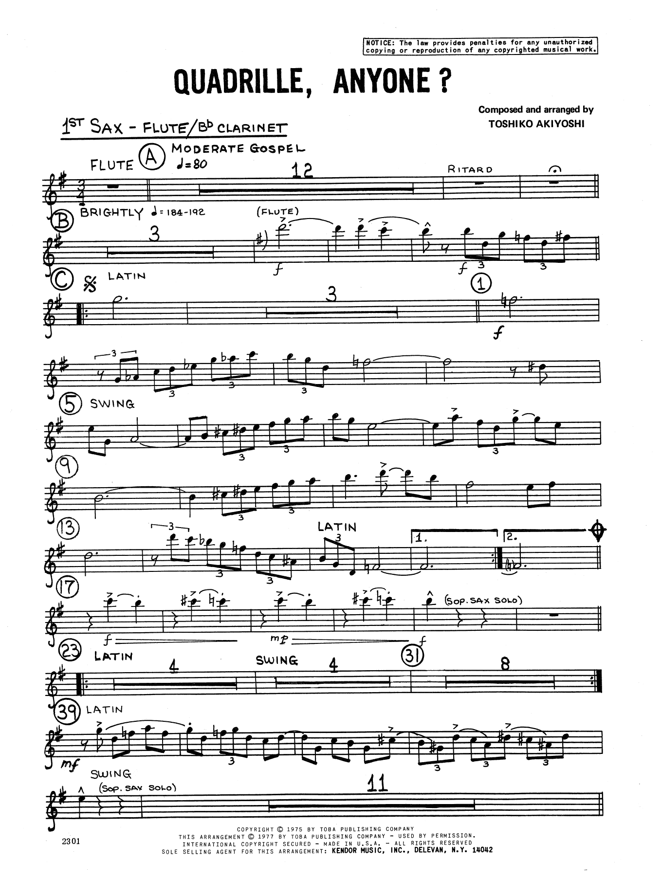 Download Toshiko Akiyoshi Quadrille, Anyone? - 1st Eb Alto Saxoph Sheet Music