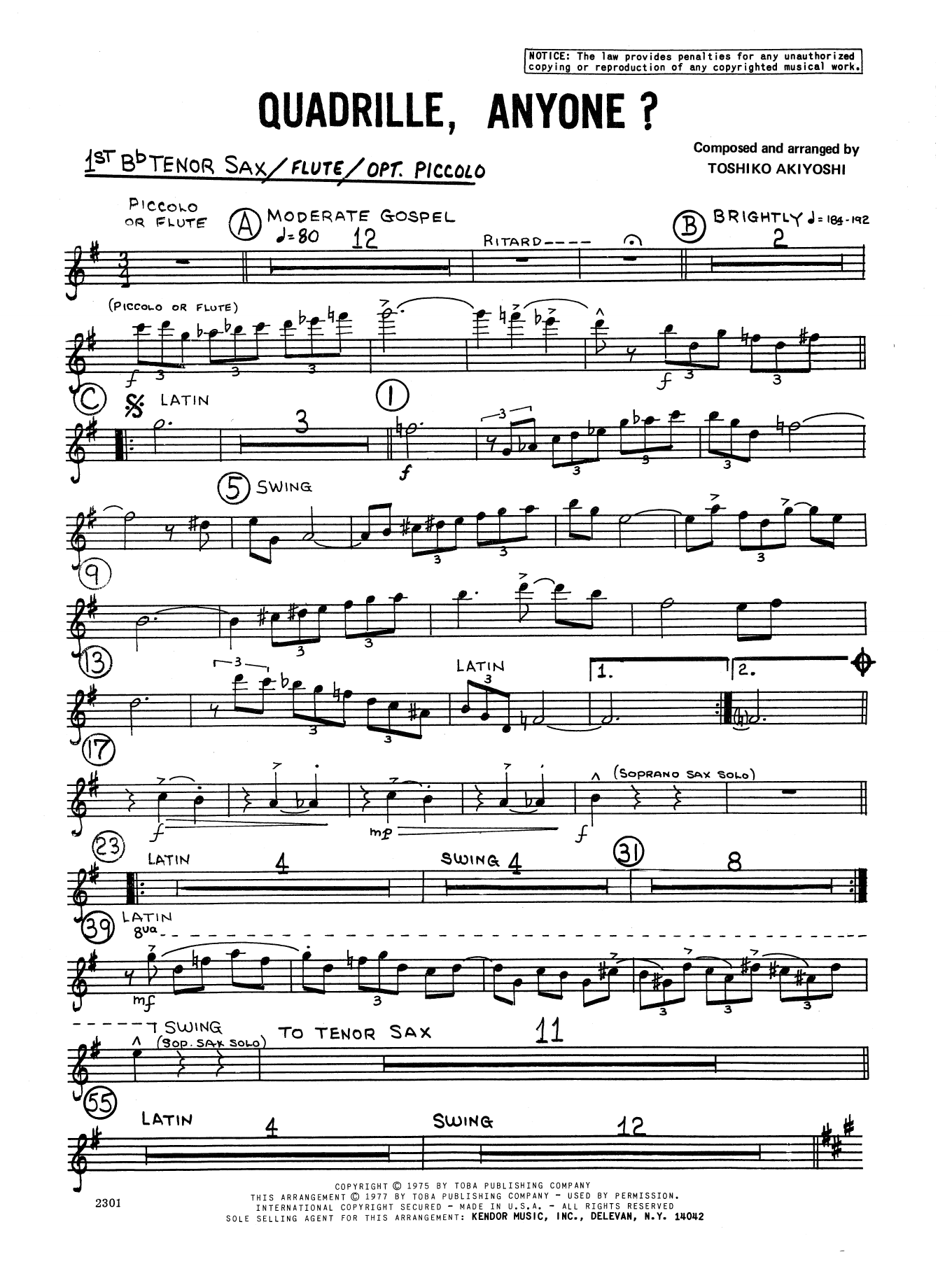 Download Toshiko Akiyoshi Quadrille, Anyone? - 1st Tenor Saxophon Sheet Music