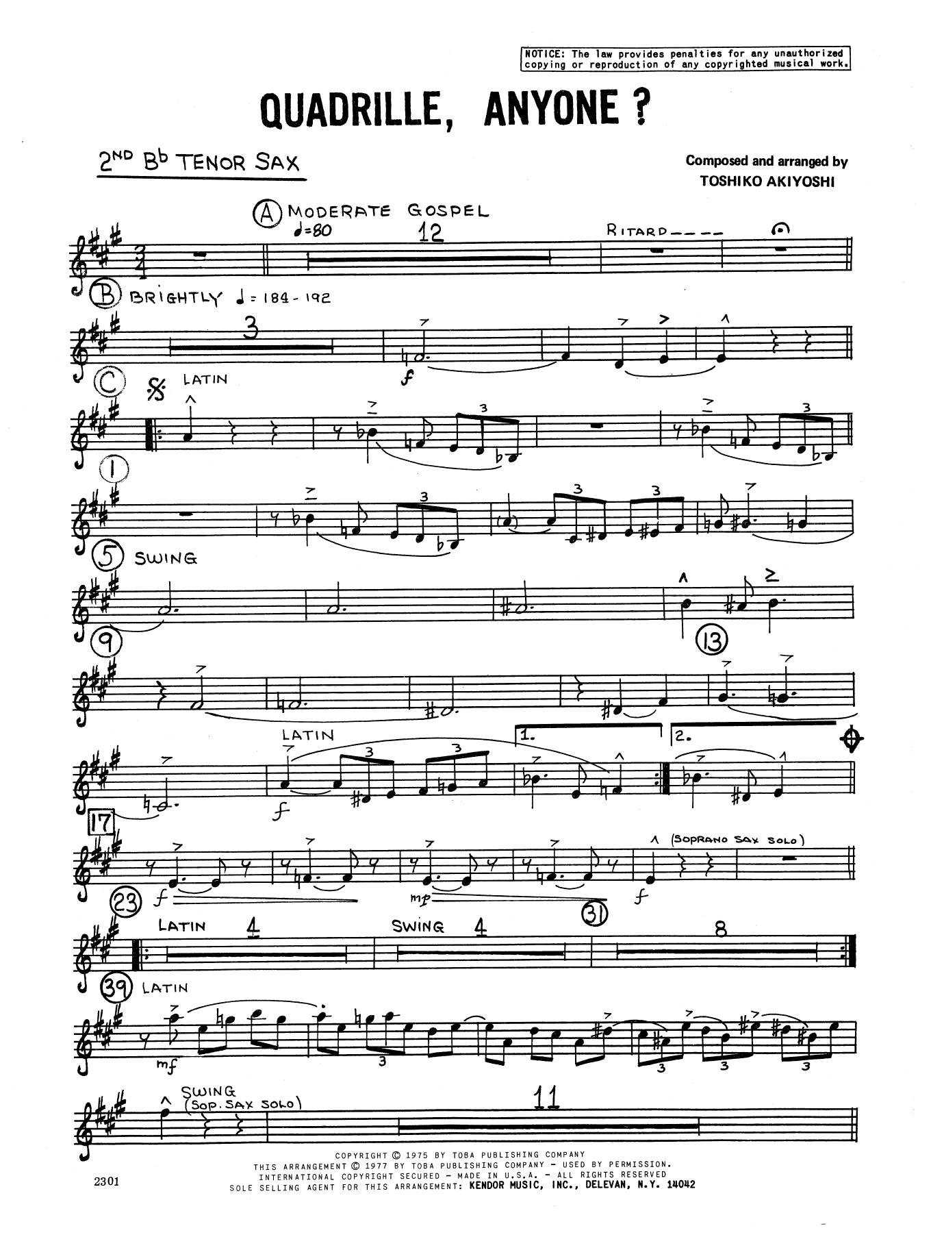 Download Toshiko Akiyoshi Quadrille, Anyone? - 2nd Bb Tenor Saxop Sheet Music