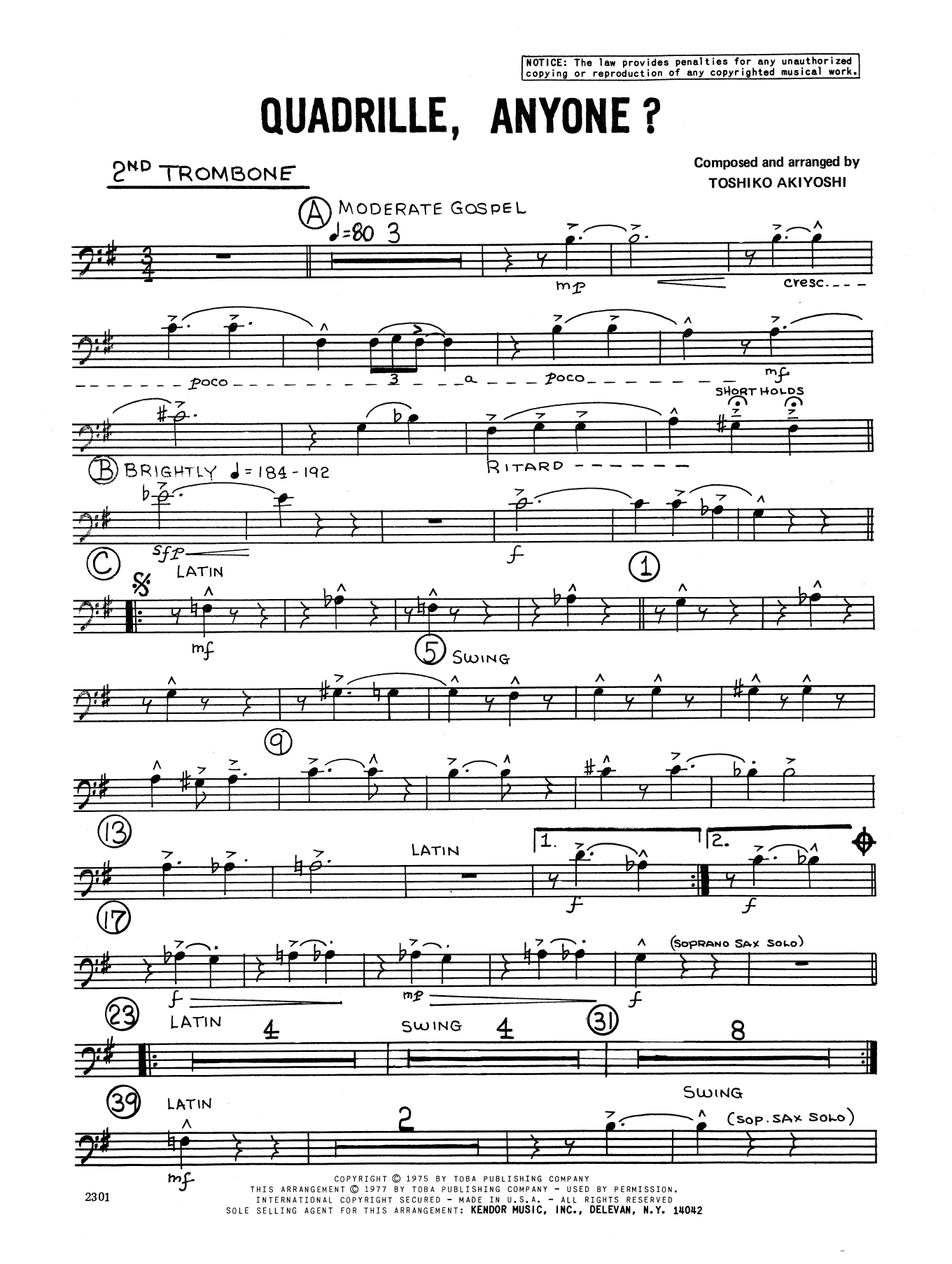 Download Toshiko Akiyoshi Quadrille, Anyone? - 2nd Trombone Sheet Music