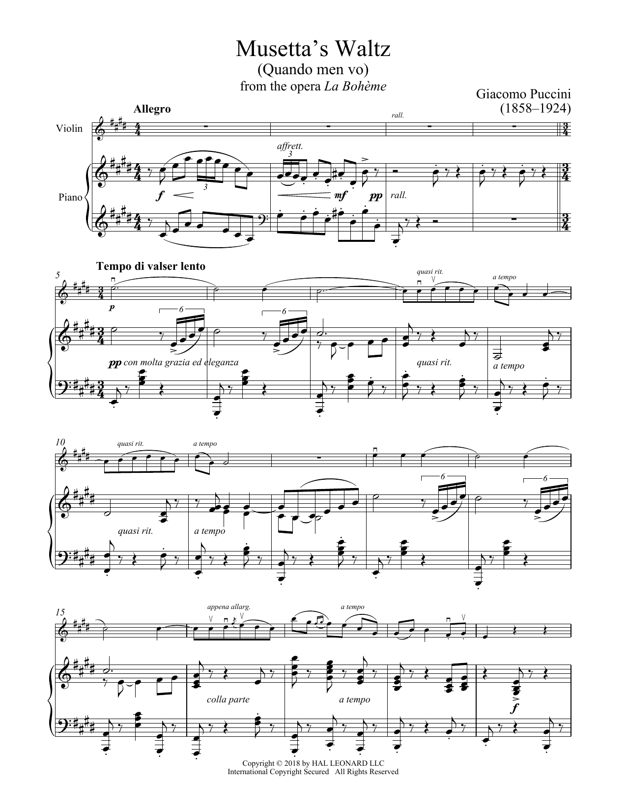 Giacomo Puccini Quando Men Vo sheet music notes printable PDF score