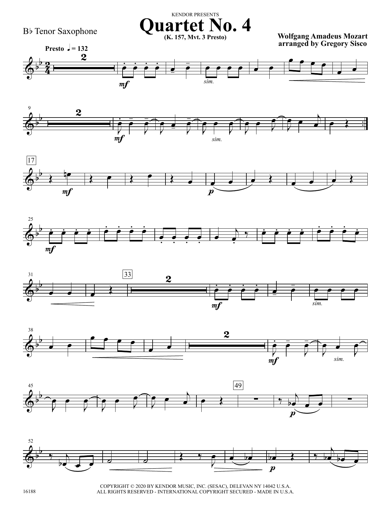 Download Wolfgang Amadeus Mozart Quartet No. 4 (K. 157, Mvt. 3 Presto) ( Sheet Music