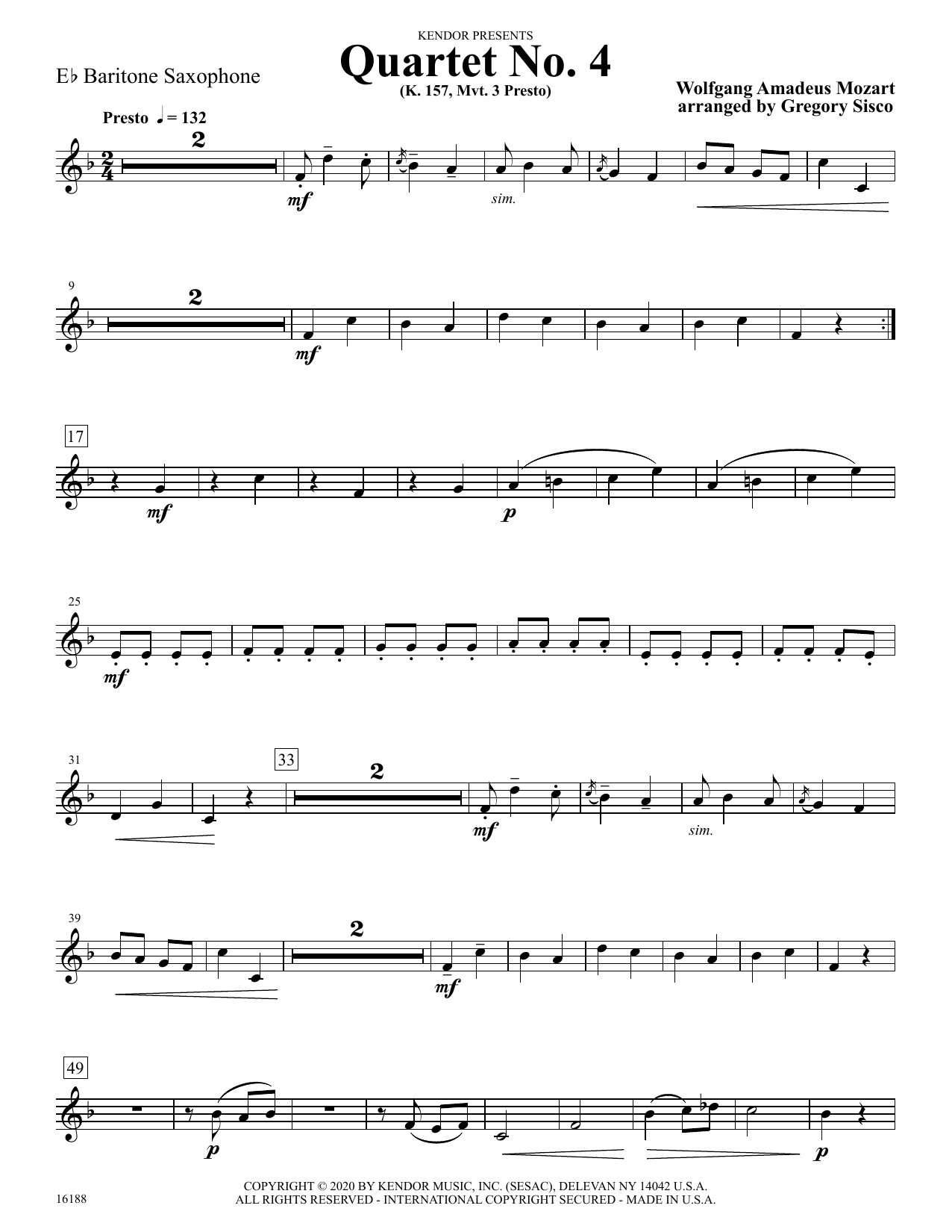 Download Wolfgang Amadeus Mozart Quartet No. 4 (K. 157, Mvt. 3 Presto) ( Sheet Music