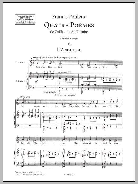 Download Francis Poulenc Quatre Poèmes de Guillaume Apollinaire Sheet Music