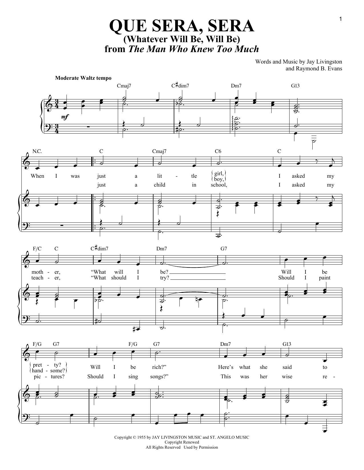 Download Jay Livingston Que Sera, Sera (Whatever Will Be, Will Sheet Music