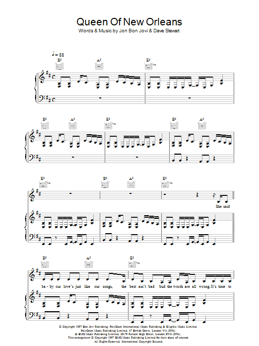 Jon Bon Jovi Queen Of New Orleans sheet music notes printable PDF score