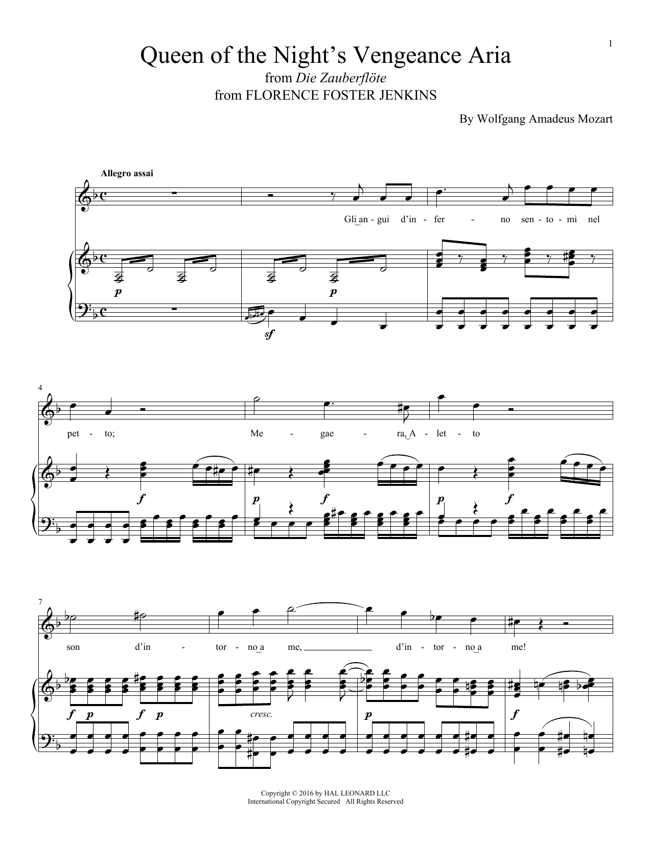 Wolfgang Amadeus Mozart Queen Of The Night's Vengeance Aria sheet music notes printable PDF score