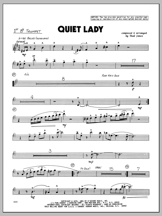 Download Thad Jones Quiet Lady - 1st Bb Trumpet Sheet Music