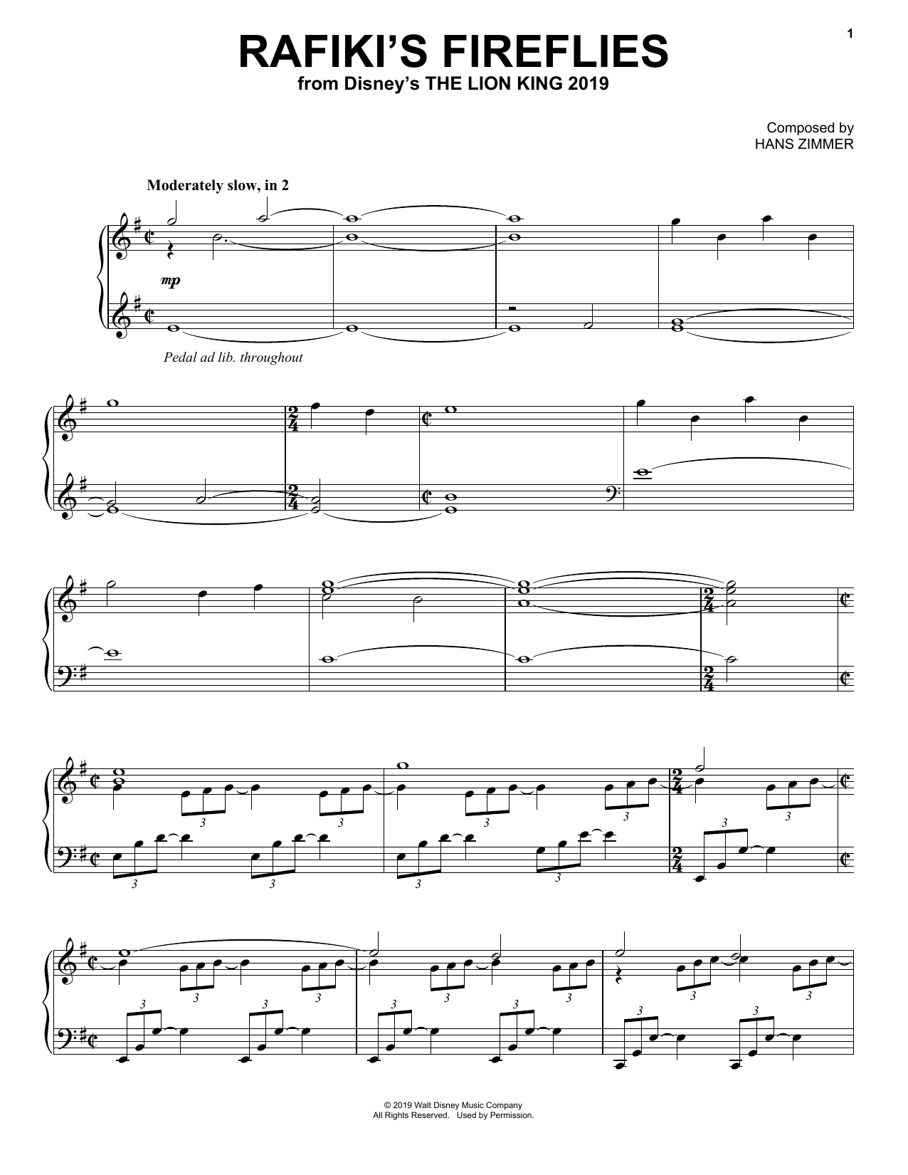 Download Hans Zimmer Rafiki's Fireflies (from The Lion King Sheet Music