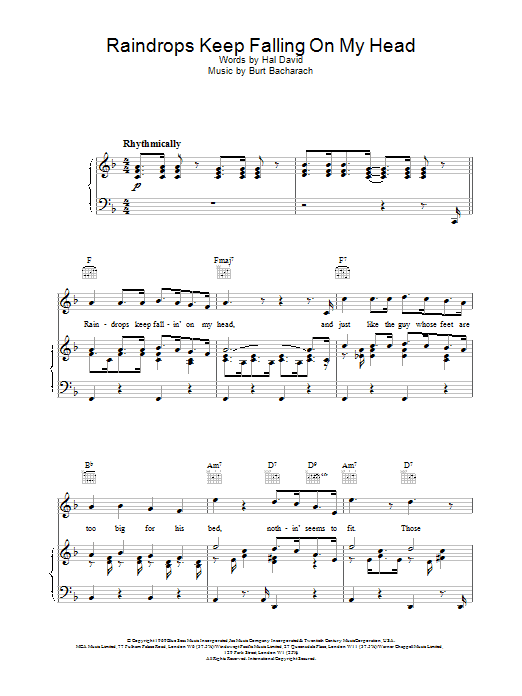 B.J. Thomas Raindrops Keep Fallin' On My Head sheet music notes printable PDF score