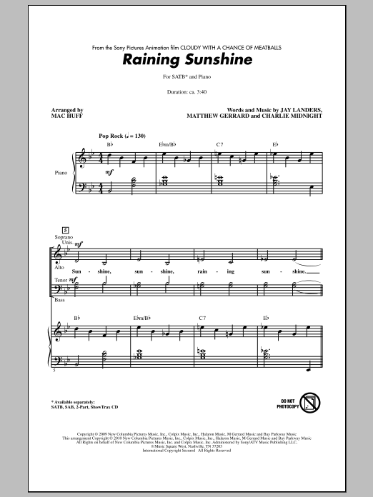 Download Mac Huff Raining Sunshine (from Cloudy With A Ch Sheet Music