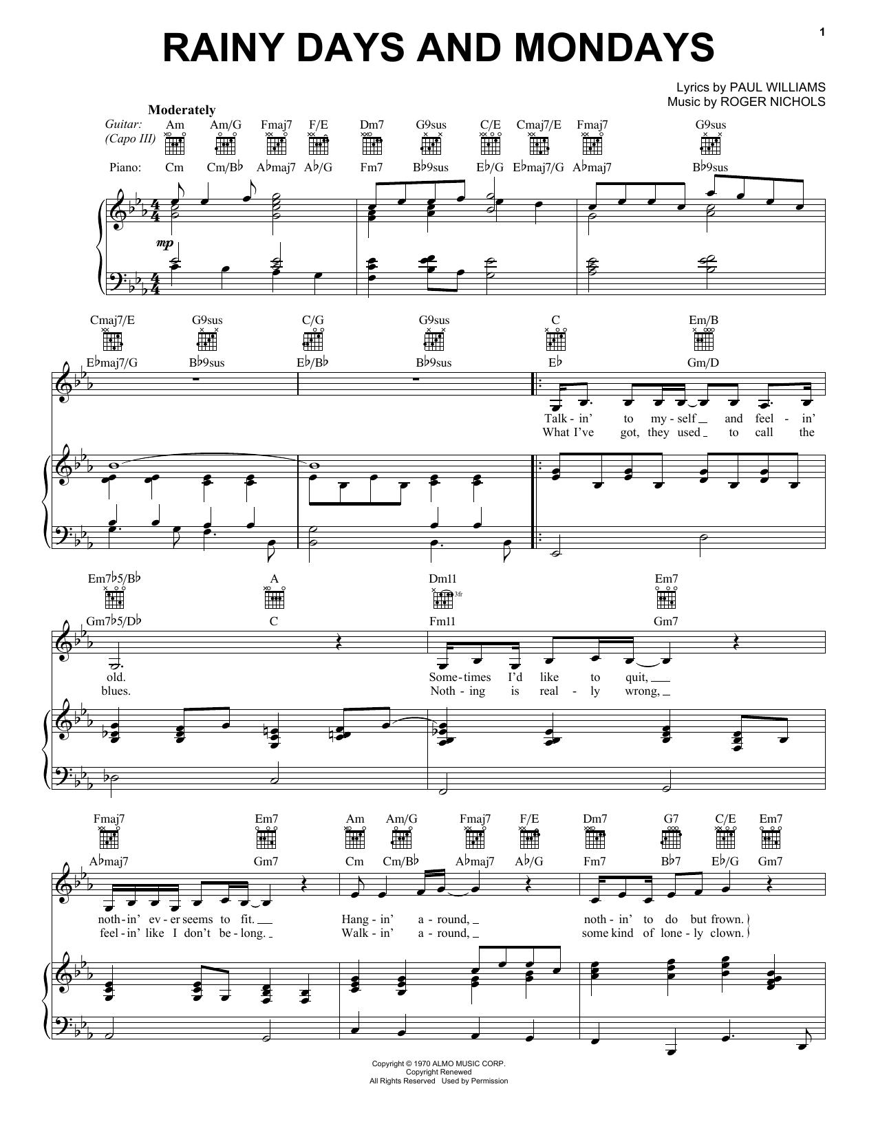 Download The Carpenters Rainy Days And Mondays Sheet Music