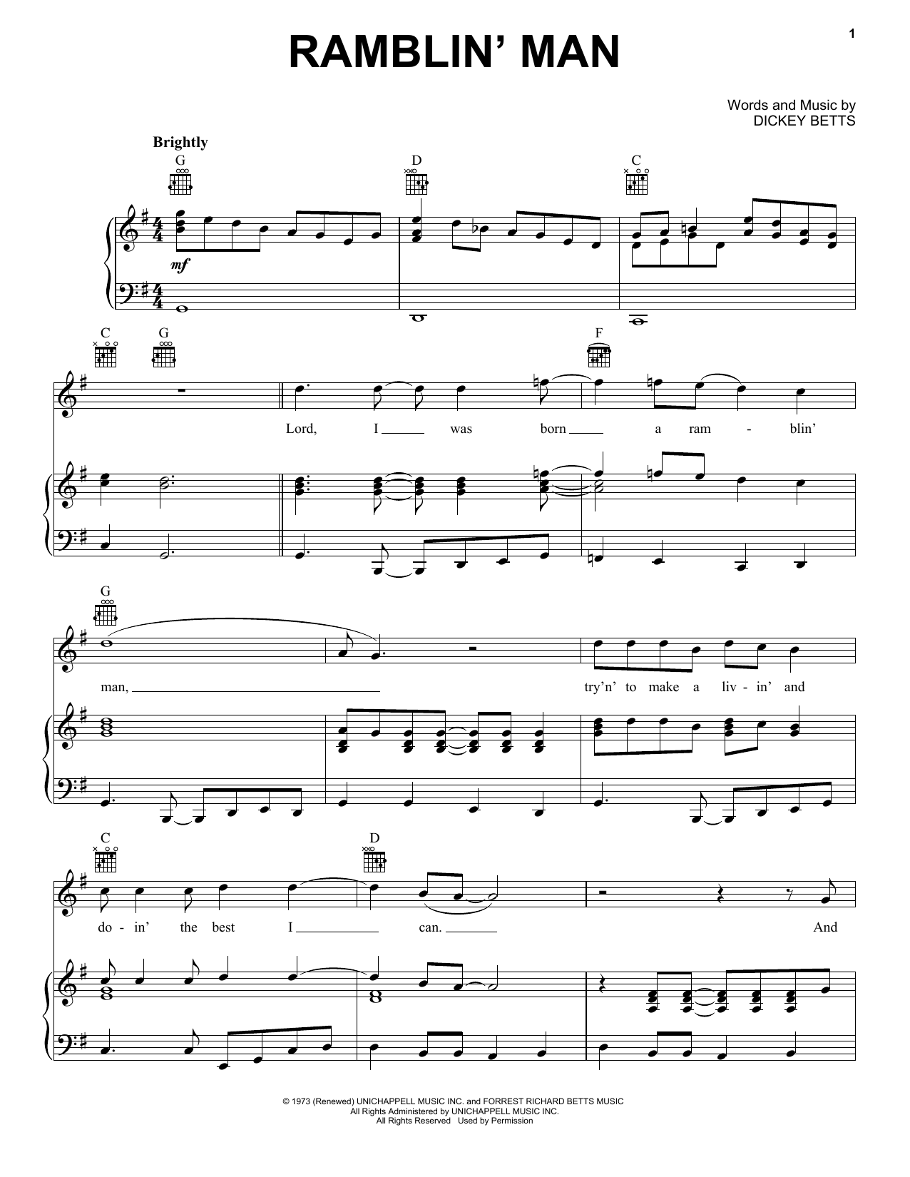 Allman Brothers Band Ramblin' Man sheet music notes printable PDF score