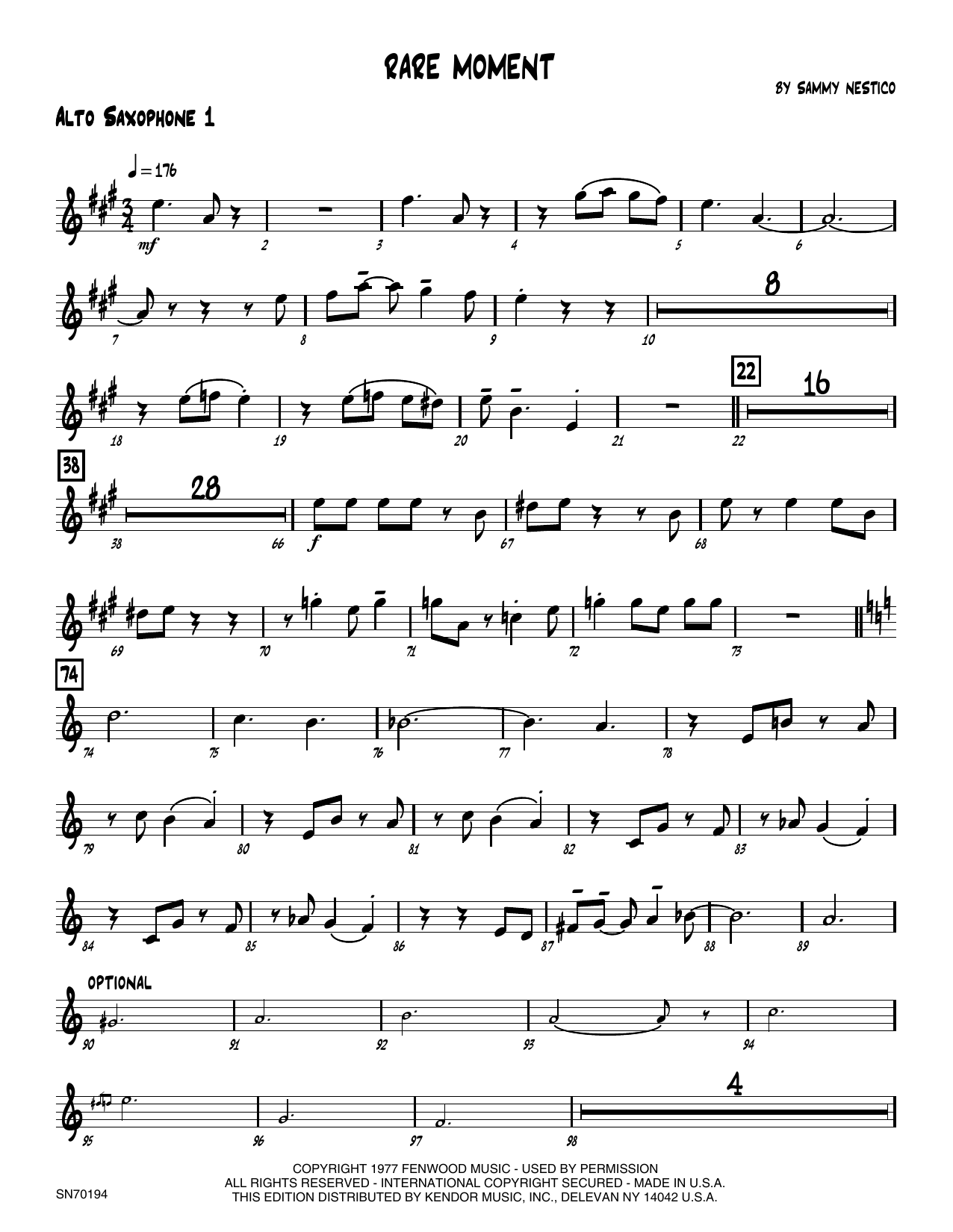 Download Sammy Nestico Rare Moment - 1st Eb Alto Saxophone Sheet Music