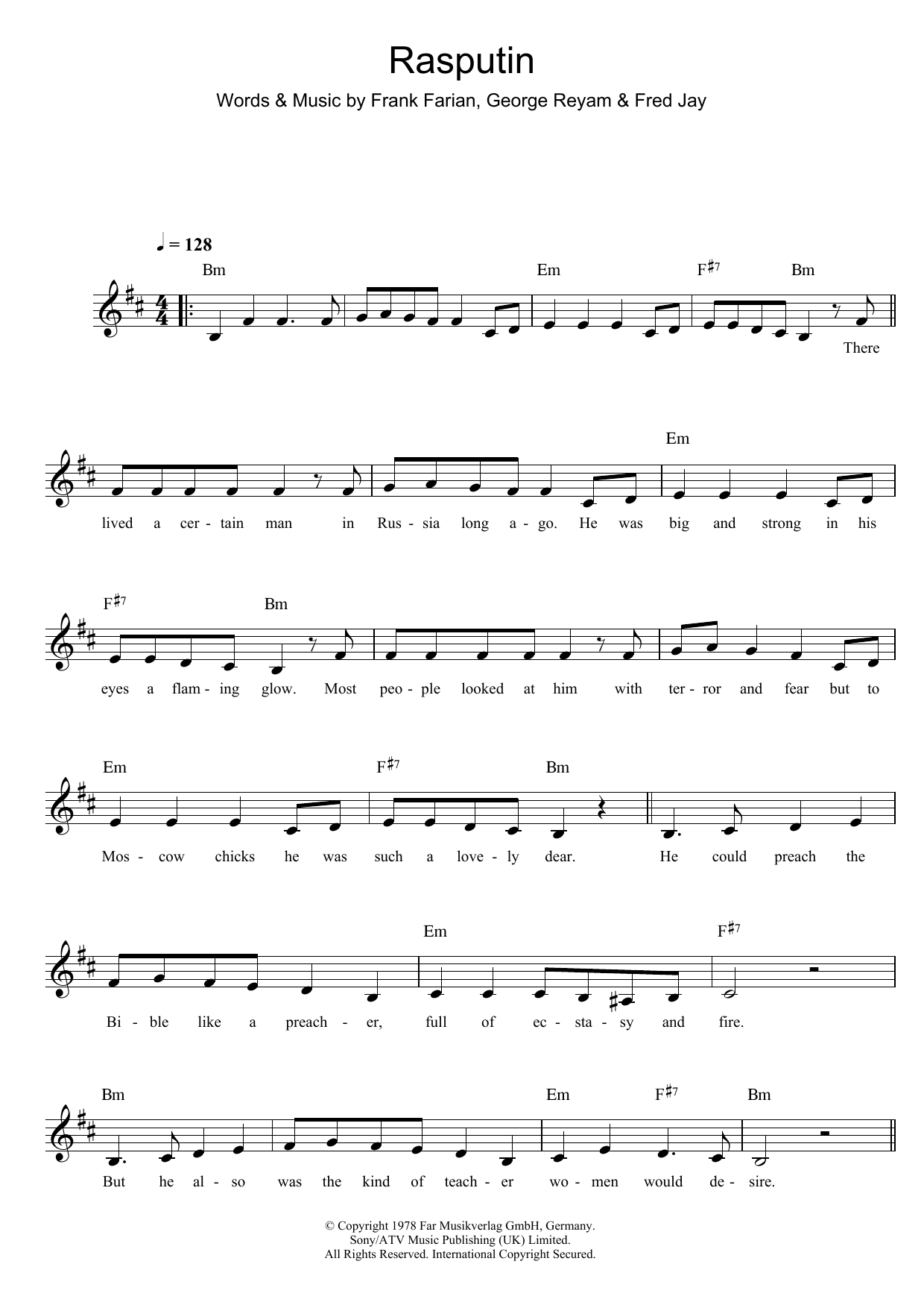 Boney M Rasputin sheet music notes printable PDF score