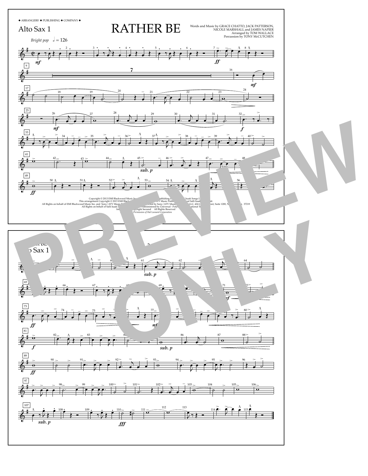 Download Tom Wallace Rather Be - Alto Sax 1 Sheet Music