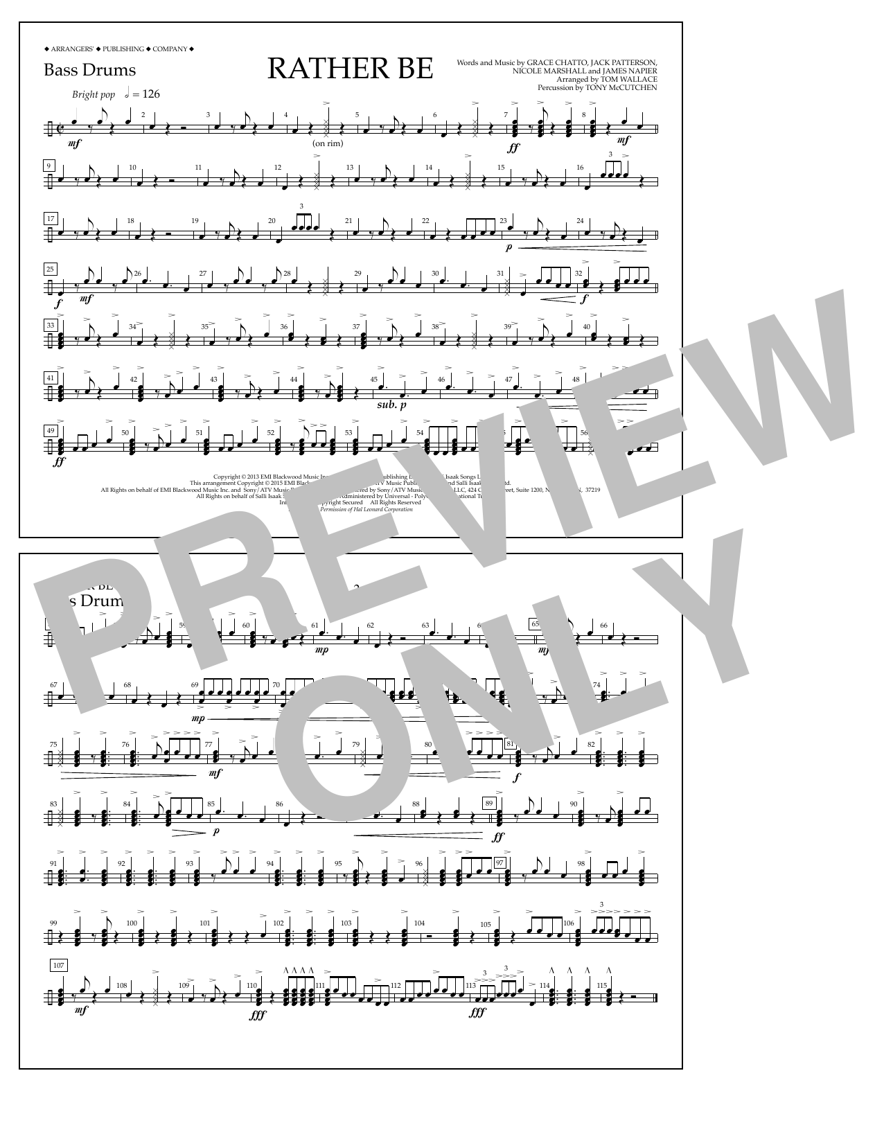 Download Tom Wallace Rather Be - Bass Drums Sheet Music